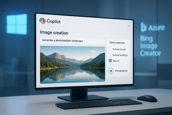 Desktop monitor shows Copilot image creation UI with a photorealistic mountain lake landscape.
