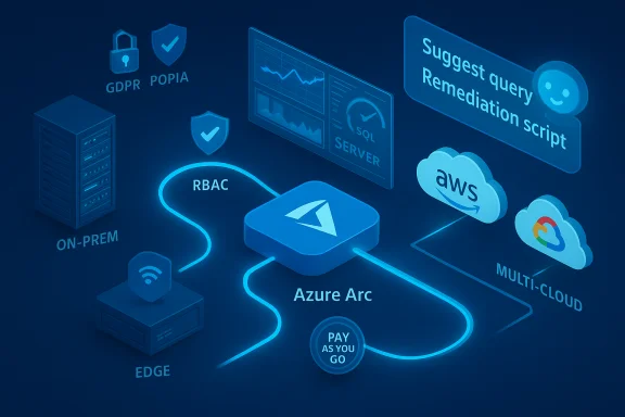Azure Arc central hub connects on-prem, edge, and multi-cloud with RBAC and pay-as-you-go.