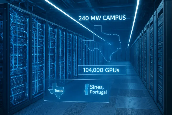 Blue-tinted data center with rows of servers and an overlay showing 240 MW campus and 104,000 GPUs. Blue-tinted data center with rows of servers and an overlay showing 240 MW campus and 104,000 GPUs.