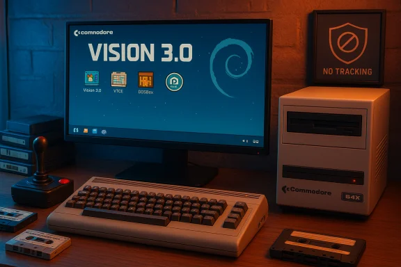 Retro Commodore computer setup with monitor, beige keyboard, joystick, and floppy disks.