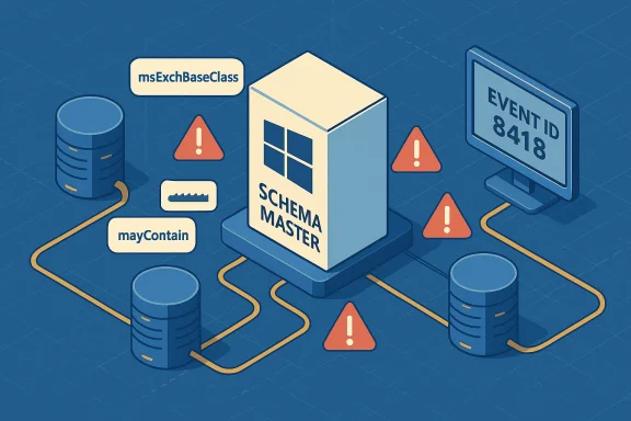 Illustration of the Exchange Schema Master with warnings and Event ID 8418.