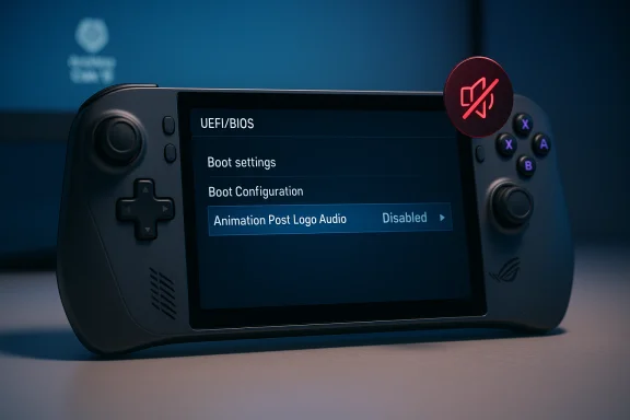 A handheld gaming console displaying UEFI/BIOS settings with Animation Post Logo Audio set to Disabled. A handheld gaming console displaying UEFI/BIOS settings with Animation Post Logo Audio set to Disabled.