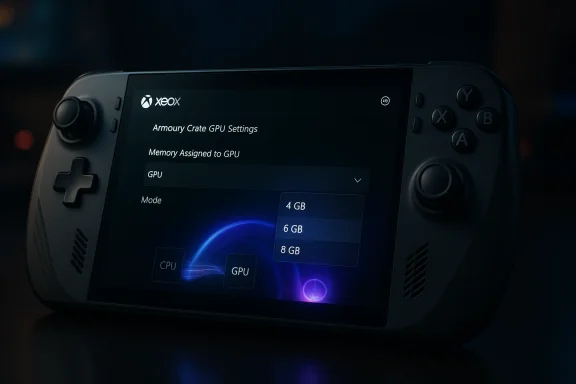 A handheld gaming console displays Armoury Crate GPU settings and memory options on the screen. A handheld gaming console displays Armoury Crate GPU settings and memory options on the screen.