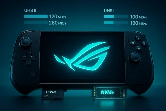 Glowing ROG logo on a handheld console showing UHS-II and NVMe storage.