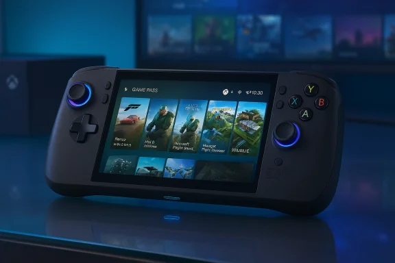 A handheld gaming device displaying Xbox Game Pass with colorful game thumbnails.