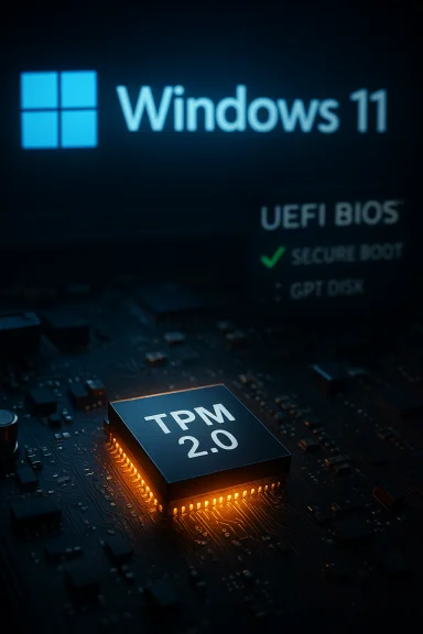 A TPM 2.0 security chip on a motherboard, with Windows 11 and UEFI BIOS in the background.