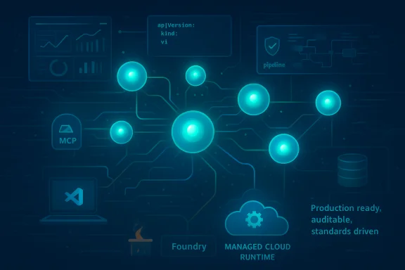 Glowing nodes form a circuit-like cloud network for managed cloud runtime.