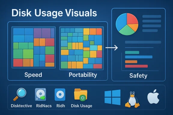 Blue dashboard labeled Disk Usage Visuals showing Speed and Portability tiles with a Safety panel.