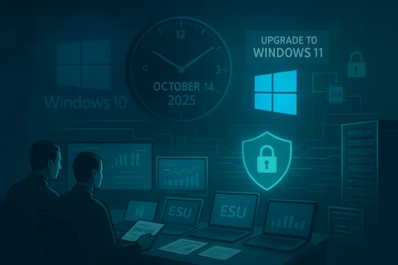 IT team monitors security and Windows upgrade timelines on screens, with a clock showing Oct 14, 2025.