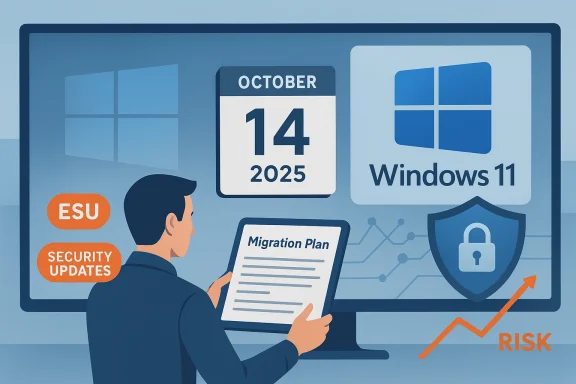 A person reviews a Windows 11 migration plan on a monitor, noting security updates and risk.