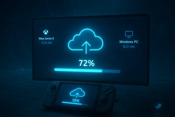 Neon-blue cloud upload at 72% shown on a large monitor and a handheld console.