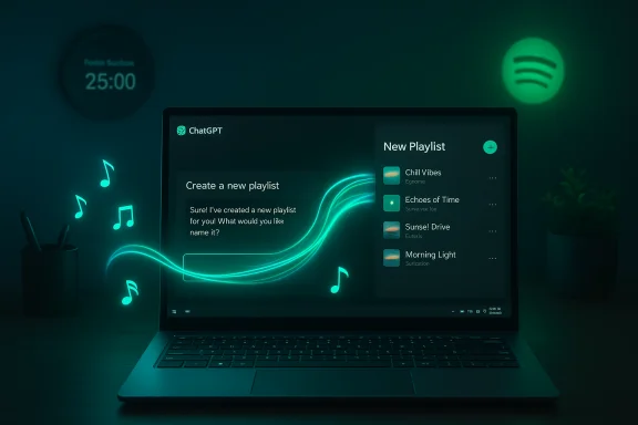 Laptop screen shows a neon teal ChatGPT playlist interface with floating music notes.