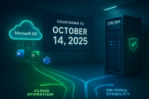 Futuristic data center with a countdown to October 14, 2025, showcasing cloud migration and on-prem stability.
