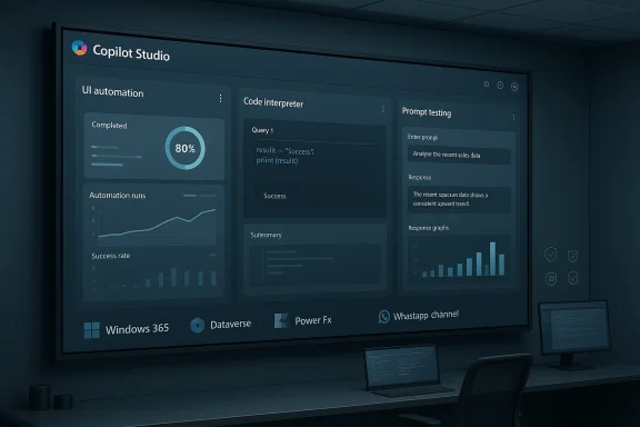 Dark office showing Copilot Studio dashboards for UI automation, code, and prompt testing.