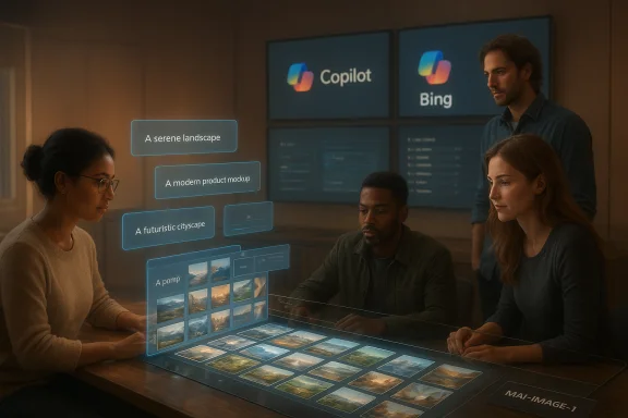 A diverse team reviews a holographic landscape grid on a futuristic conference table.