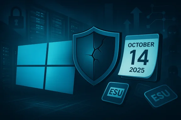 Cybersecurity themed illustration with a cracked shield, Windows logo, and October 14, 2025 calendar.