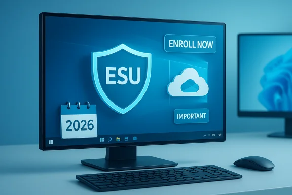 Blue computer screen showing ESU shield, 'Enroll Now' button, cloud icon, and 'Important' tag.