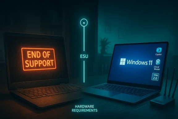 Left laptop shows “END OF SUPPORT”; right laptop runs Windows 11 with ESU hardware requirements.