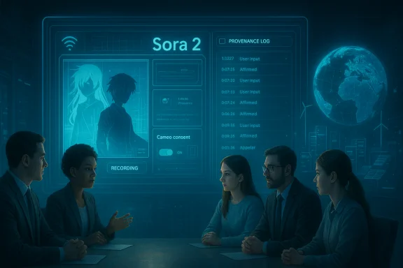 Five professionals discuss a holographic Sora 2 interface in a high-tech briefing room.