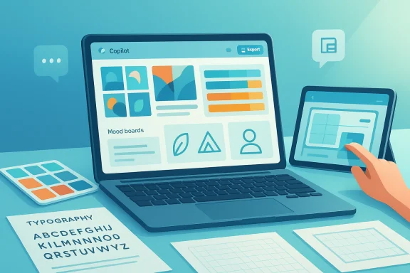 Design workspace with a laptop and tablet displaying UI mood boards, color swatches, and typography.