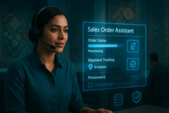 Customer service agent wearing a headset interacts with a holographic Sales Order Assistant dashboard.
