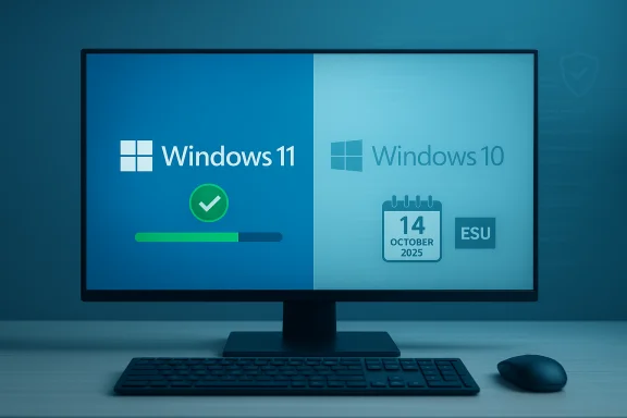 Monitor split-screen: Windows 11 installing on the left with a progress bar, Windows 10 on the right. Monitor split-screen: Windows 11 installing on the left with a progress bar, Windows 10 on the right.