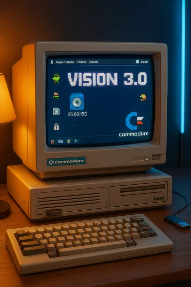 Vintage Commodore computer with a CRT monitor showing Vision 3.0 and a beige keyboard.