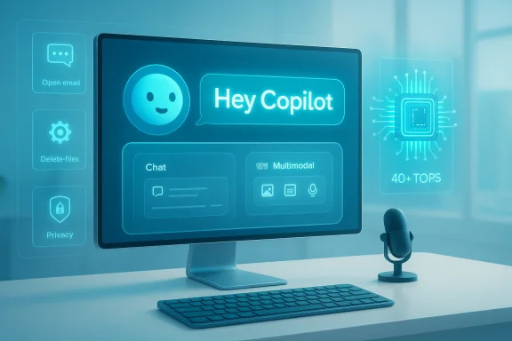 Desk setup with a monitor showing Hey Copilot AI chat UI and floating holographic panels.