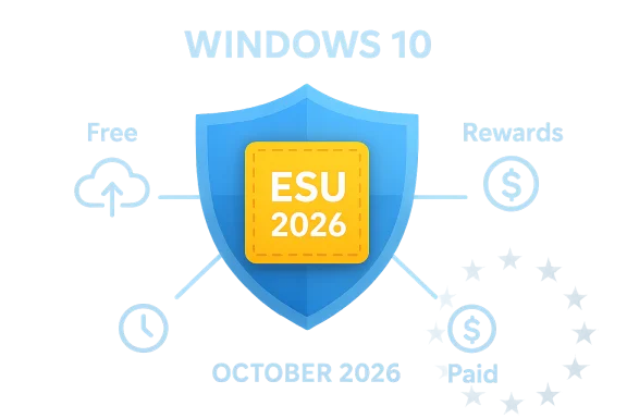 Windows 10 shield graphic with a yellow ESU 2026 badge at the center.
