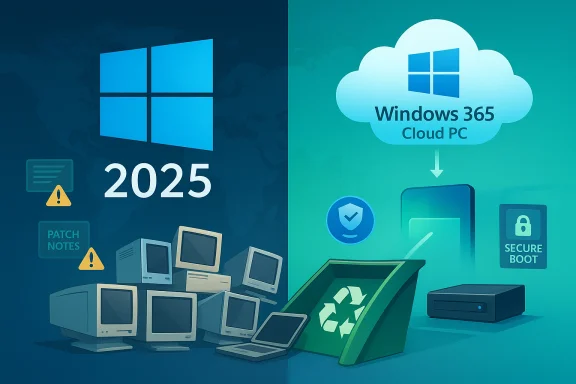 Windows 2025 shows legacy PCs on the left, while Windows 365 Cloud PC rises in the cloud on the right.
