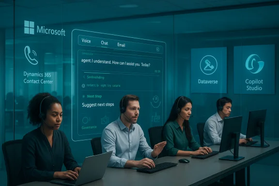 Four agents with headsets work at a Microsoft Dynamics 365 contact center.