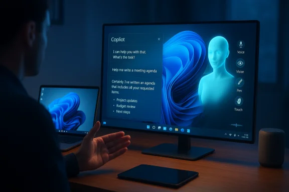 A person at a desk uses a large monitor displaying Copilot chat over a blue abstract background.