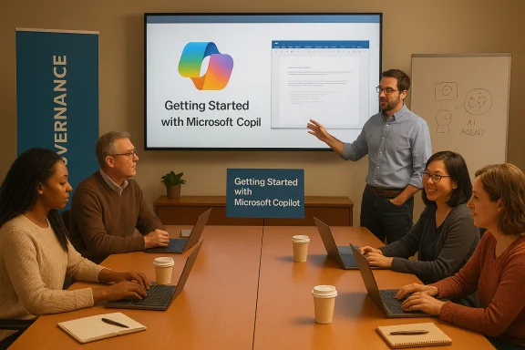 A trainer presents “Getting Started with Microsoft Copilot” to a diverse group in a conference room.