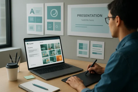 A designer works on a laptop and drawing tablet, crafting a presentation.