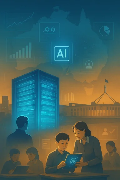 Students and a teacher explore AI on a tablet amid futuristic servers and data visuals.