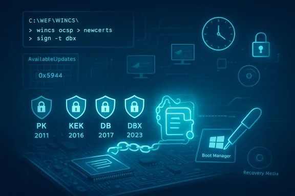 Futuristic cyber-security illustration with shield icons, locks, and a boot manager on a circuit board.