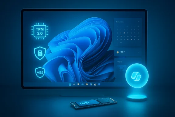 Blue-tinted workstation with a curved monitor displaying TPM 2.0, security shields, and widgets.