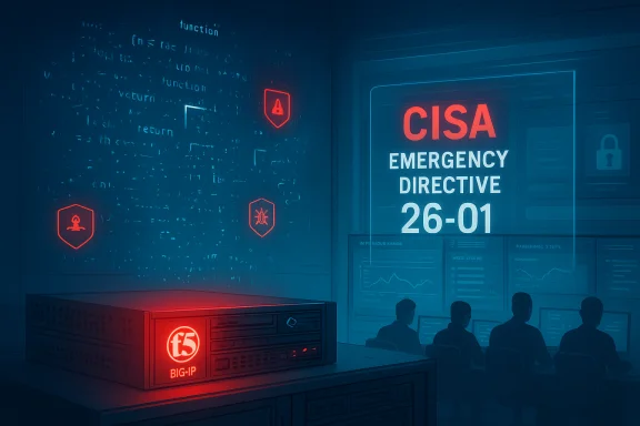 CISA Emergency Directive 26-01 displayed as analysts monitor a blue-lit security operations center. CISA Emergency Directive 26-01 displayed as analysts monitor a blue-lit security operations center.