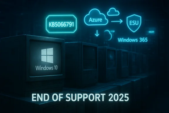 Windows 10 on aging hardware amid cloud icons signaling end of support in 2025.