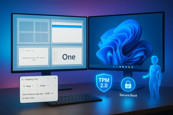 Windows 11 dual-monitor setup showcasing TPM 2.0 and Secure Boot icons with a blue holographic figure.