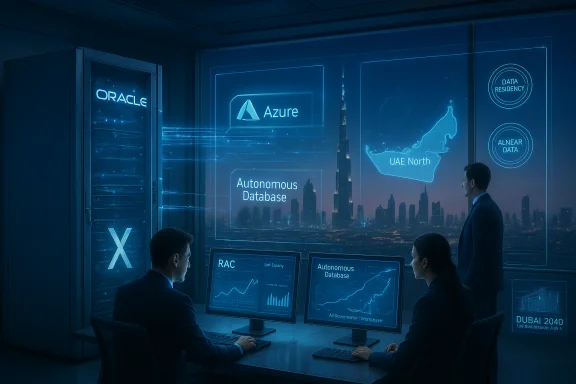 Futuristic control room with holographic dashboards displaying Azure, Oracle, and UAE North over a Dubai skyline.