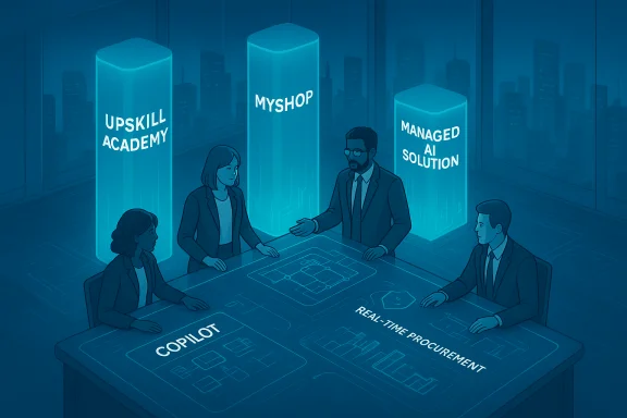 Team around a futuristic table planning AI-powered upskilling and real-time procurement.