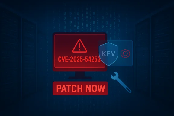 Red warning for CVE-2025-54253 with a PATCH NOW prompt against a blue server backdrop. Red warning for CVE-2025-54253 with a PATCH NOW prompt against a blue server backdrop.