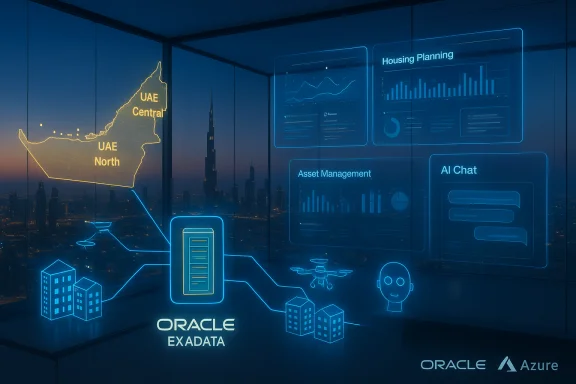 Futuristic data dashboards over a Dubai skyline showing UAE map and Oracle Exadata visuals.