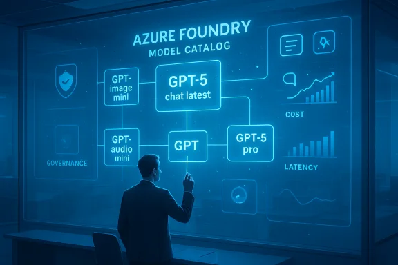 Person in a suit interacts with a blue holographic diagram titled “Azure Foundry Model Catalog.”