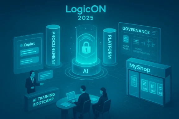 LogicON 2025 illustrates a central AI hub with governance, training, and platform modules.