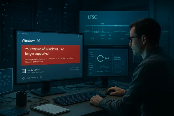 A man at a desk in a dark data center monitors a Windows 10 warning that the OS is no longer supported. A man at a desk in a dark data center monitors a Windows 10 warning that the OS is no longer supported.