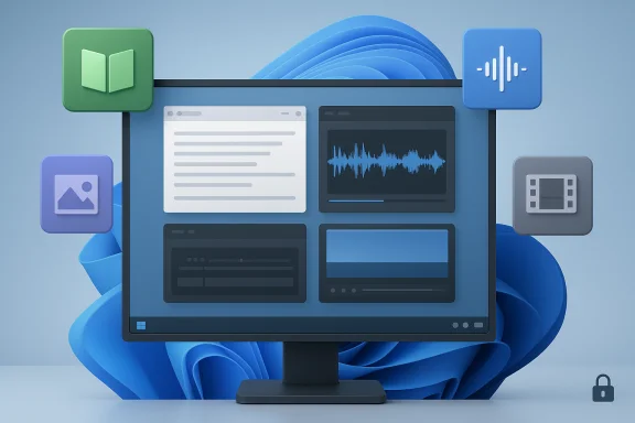 A computer monitor with floating icons for documents, audio, video, and images. A computer monitor with floating icons for documents, audio, video, and images.