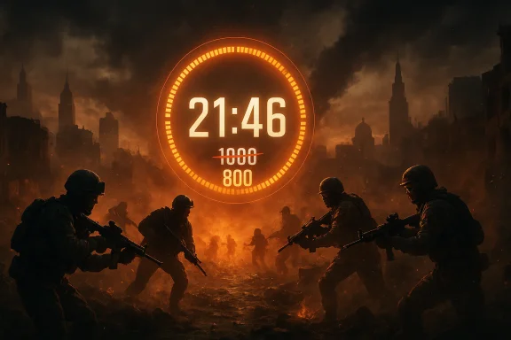 Soldiers fight through a burning city beneath a glowing countdown clock reading 21:46.