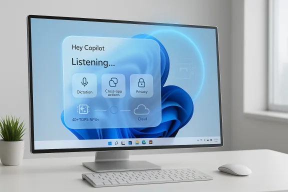 A sleek monitor shows 'Hey Copilot' listening UI over a blue abstract wallpaper.